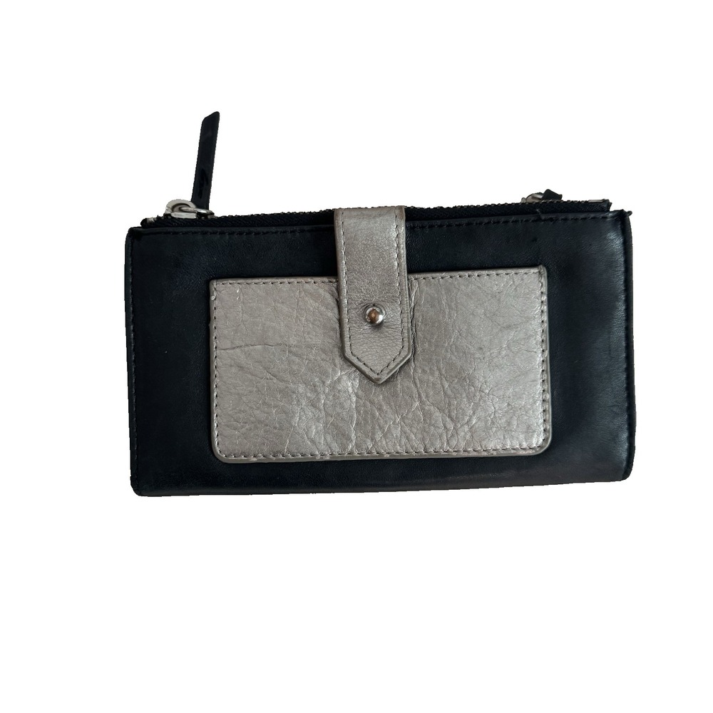 Margot Black and Metallic Silver Leather Zip Top Wallet Clutch